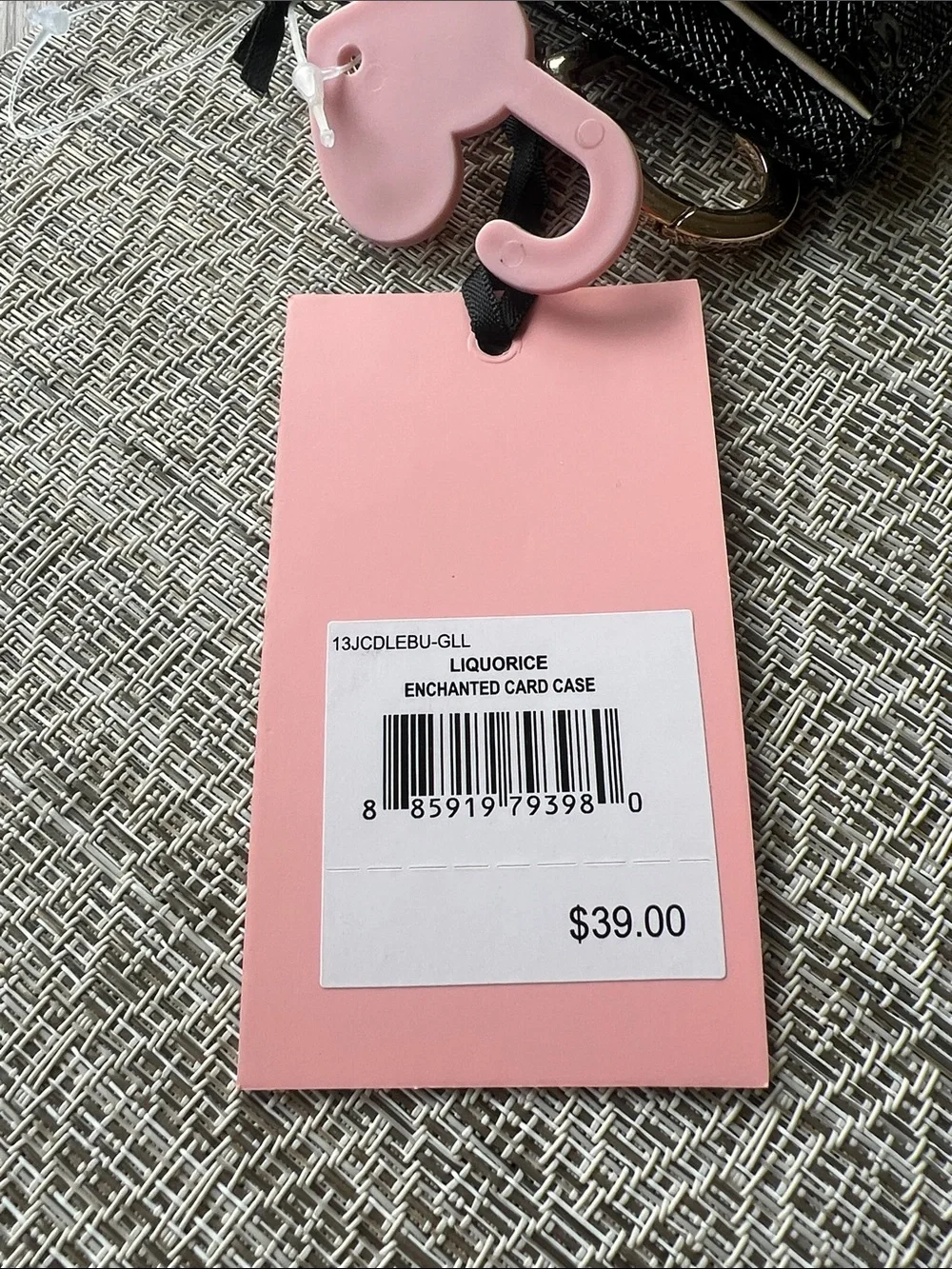 Juicy Couture Black Patent Logo Card Holder with Pink Charm
